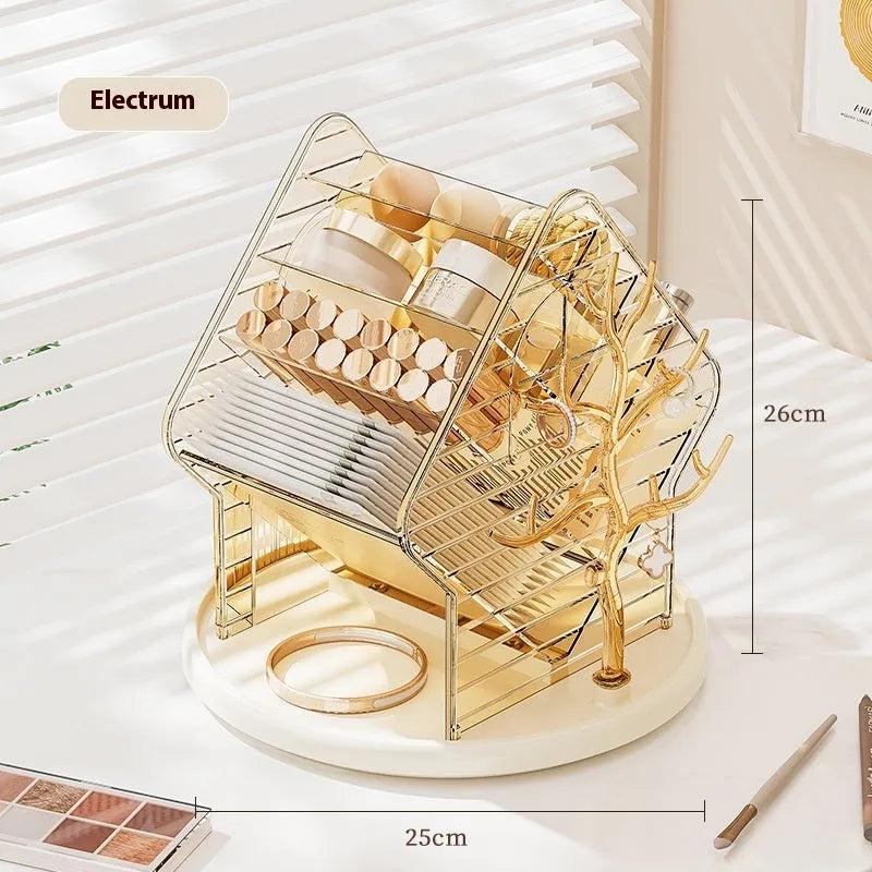 Rotating clear plastic cosmetics storage box on a counter, showing 360-degree spin function.