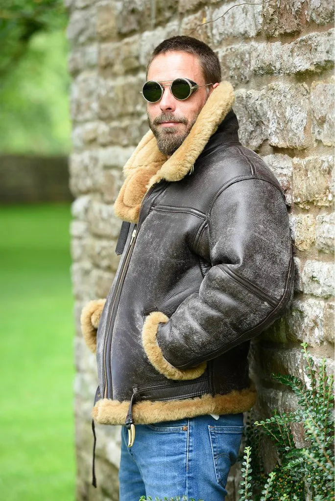 Men's brown Western antique style synthetic leather fur coat with side pockets and straight hem