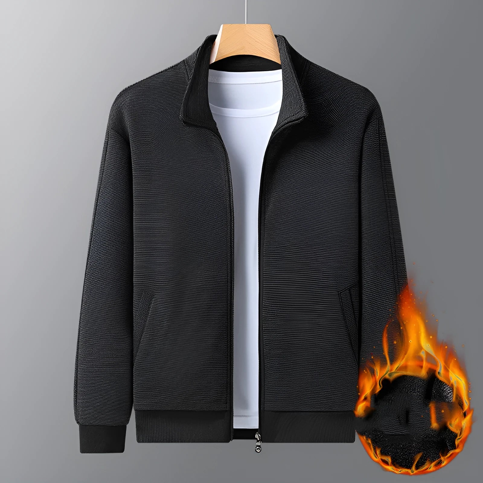 Men's fitted athletic jacket with a stand-up collar and front zipper in a grey colour.