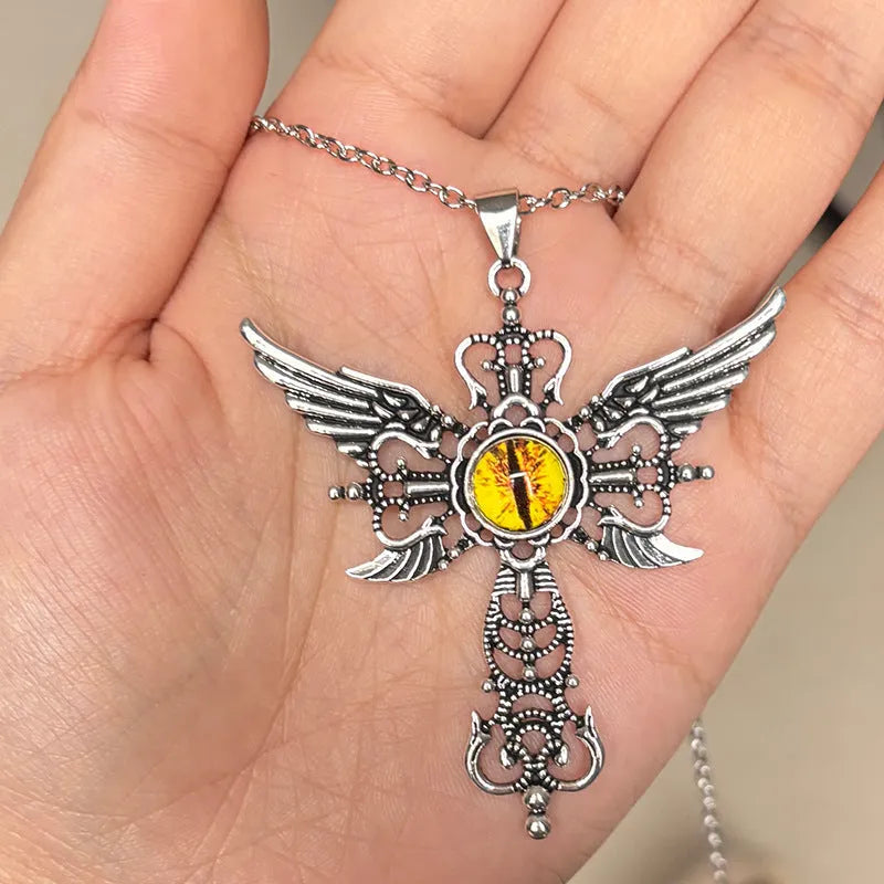 Alloy geometric pendant necklace with devil wings and cross design in blue, green, purple, red, or yellow
