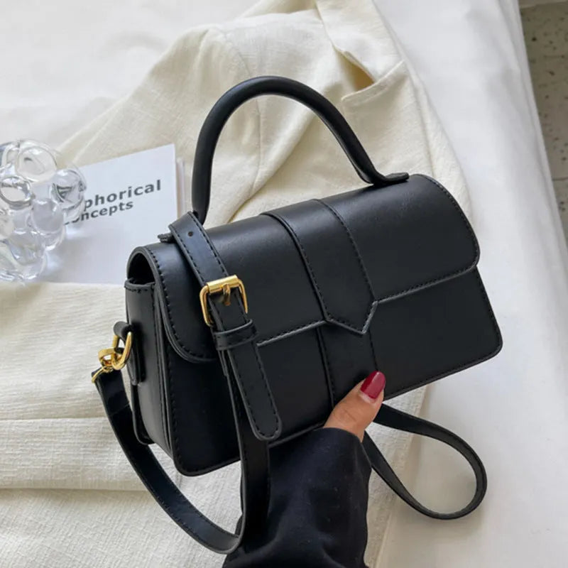 Women's beige PU leather horizontal square messenger bag with crossbody strap and external pocket