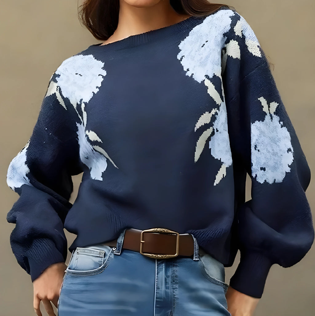 Sapphire blue women's pullover with floral jacquard pattern and loose casual fit