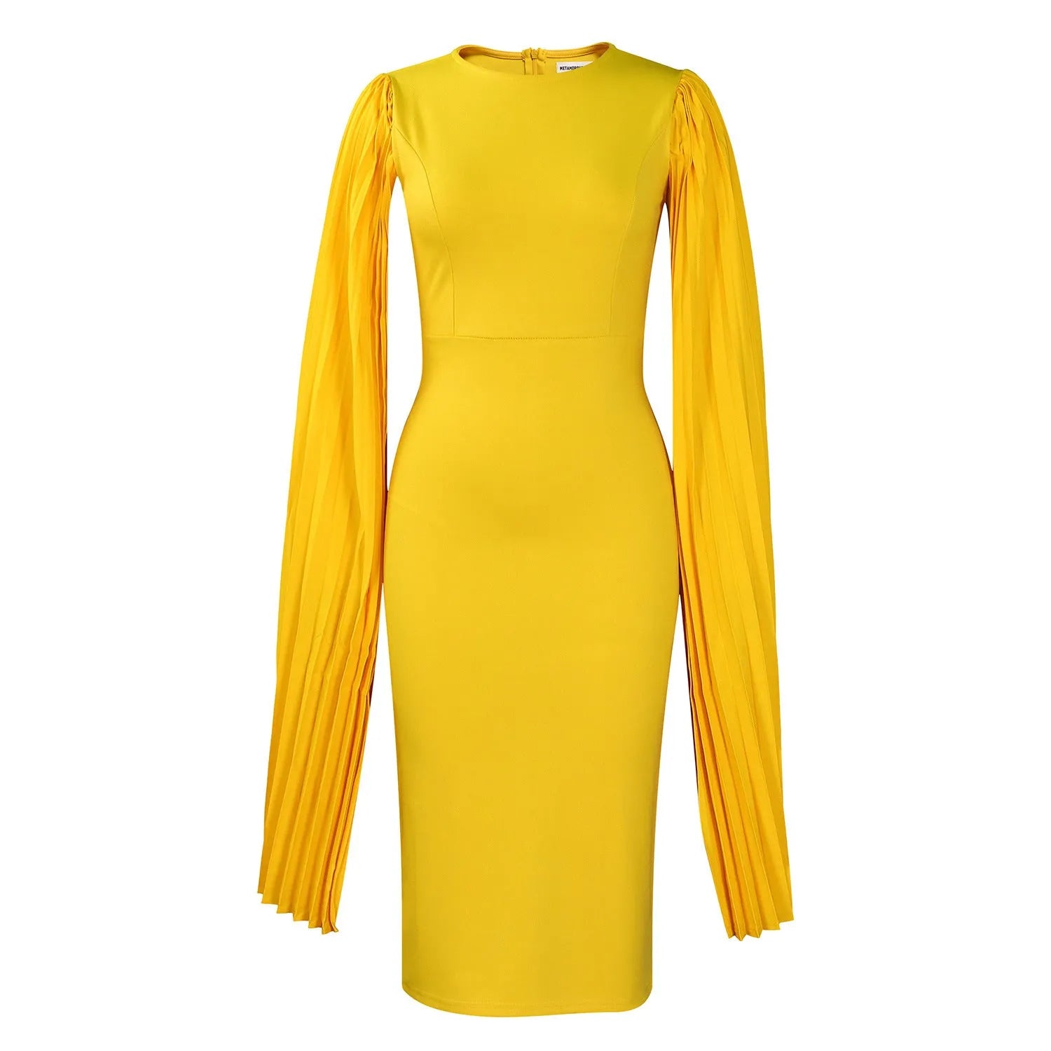 Women's long sleeve yellow evening gown with high waist and attached pleated shawl detail