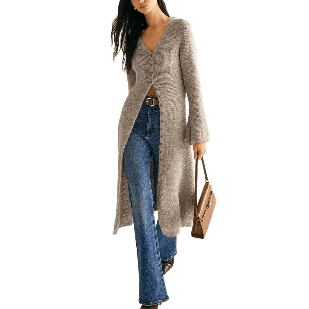 Khaki coloured French style retro long sleeve cardigan coat with button front closure.