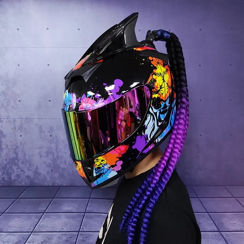 Dirty Braids graphic design full face motorcycle helmet on a white background.