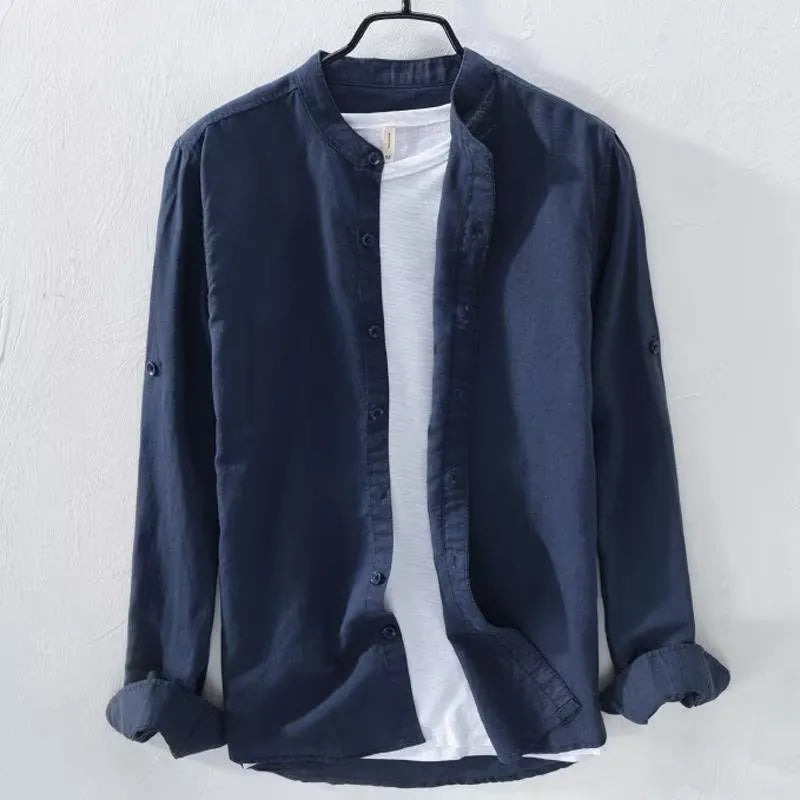 Men's loose long sleeve linen casual shirt in solid colour, shown on a hanger.
