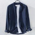 Men's loose long sleeve linen casual shirt in solid colour, shown on a hanger.