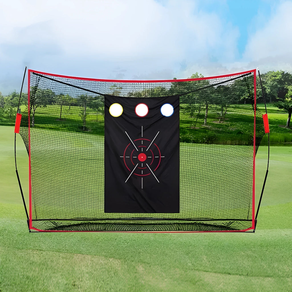 Golf swing wedge training net kit with 3-hole cross target, straw mat, practice balls and accessories