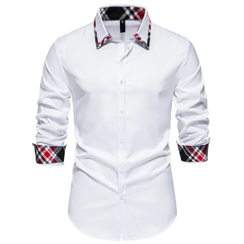 Men's plaid pattern casual shirt with triangle collar and long sleeves in polyester fibre blend fabric