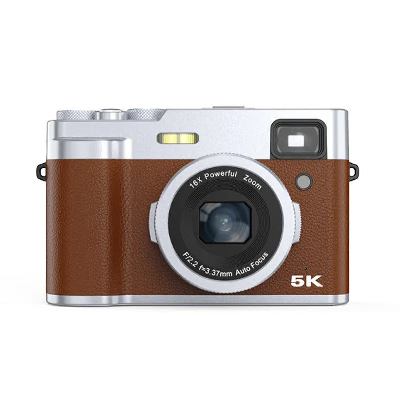Black and brown 5K HD digital camera with dual lenses and an optical viewfinder on the body.