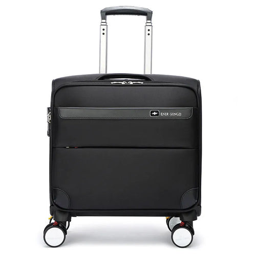 Black 18-inch Oxford cloth business suitcase with pull handle and universal wheels.