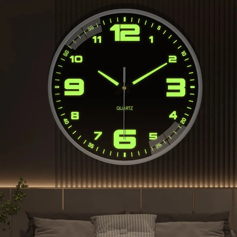 8 inch round luminous wall clock with modern plastic shell on a wall