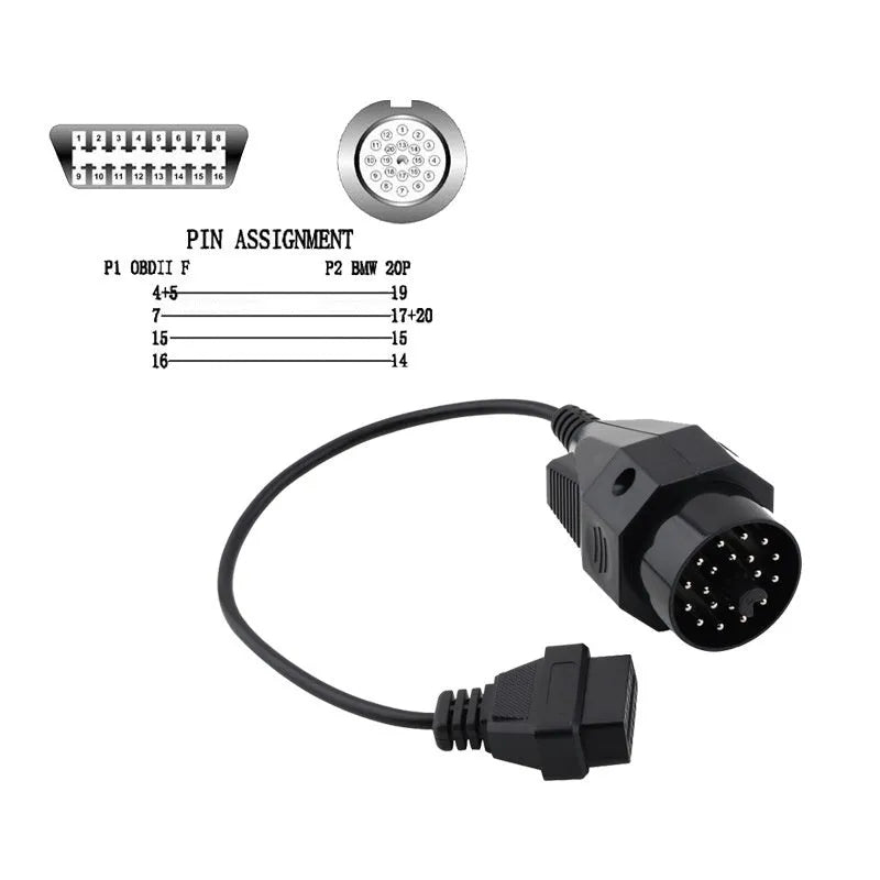 BMW OBD2 diagnostic adapter cable converting 20-pin connector to standard 16-pin OBD2 plug