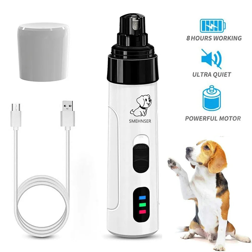 Automatic electric dog nail trimmer with LCD screen, LED lights, and dust collection chamber.