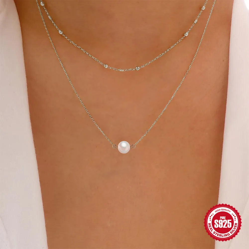 S925 sterling silver double layer women's necklace with twin pearls on geometric ball bead chain in gold colour