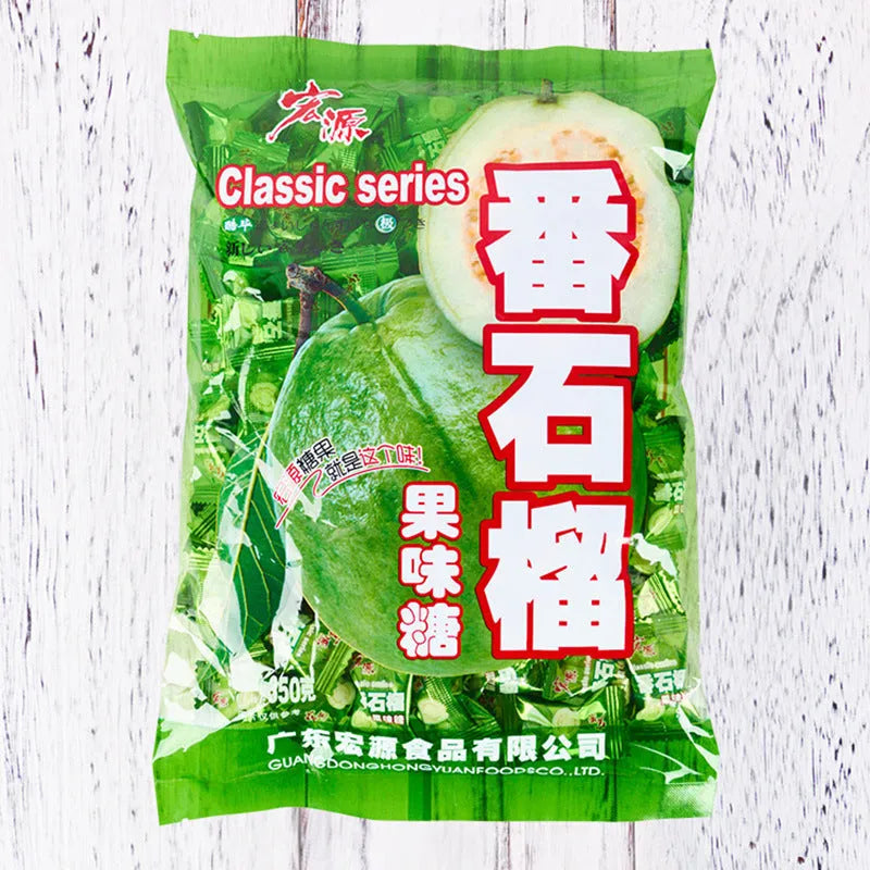 Three separate bags of hard candy: guava flavour, plum sugar flavour, and tangerine peel flavour.