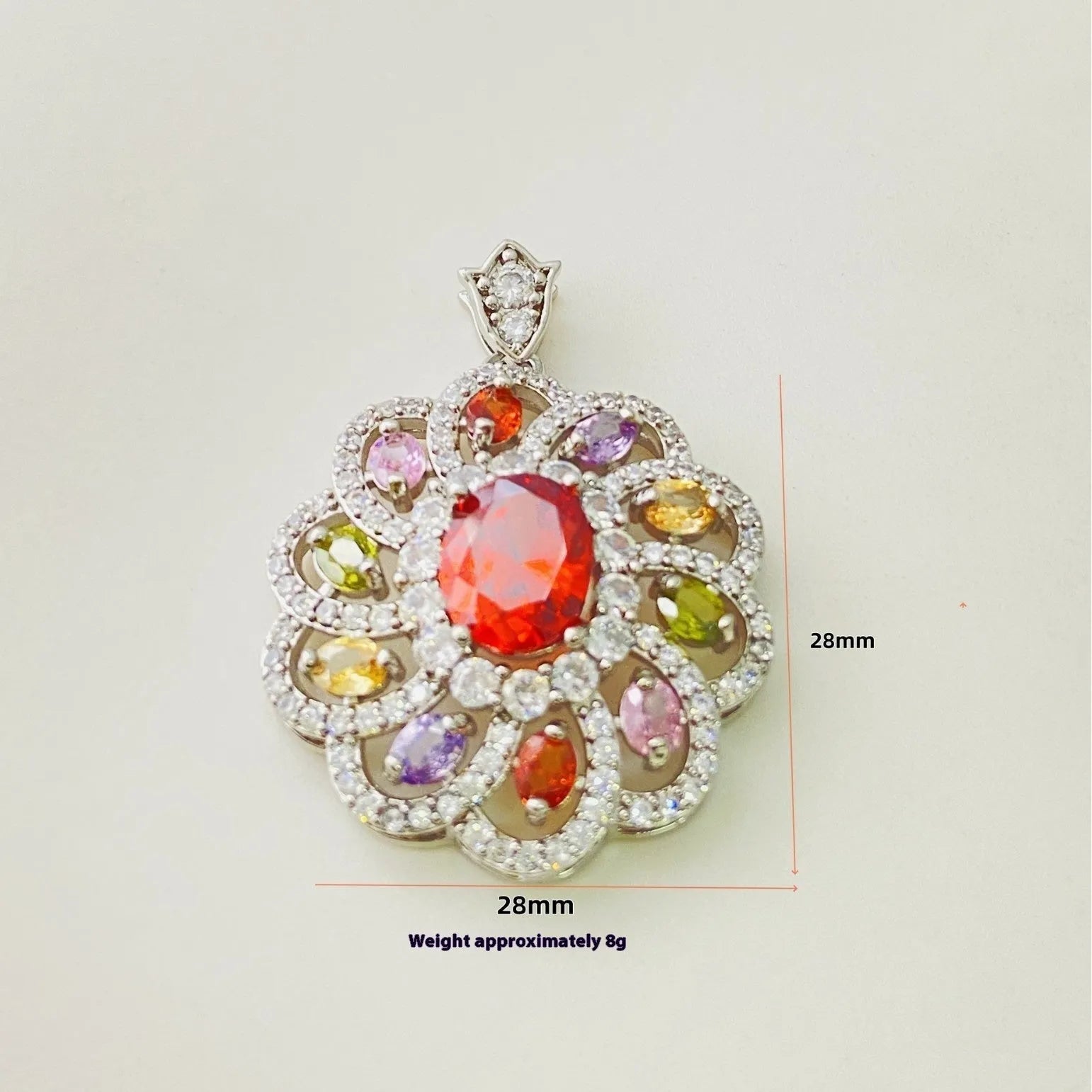 Women's flower-shaped zircon pendant necklace in gold tone on a model.