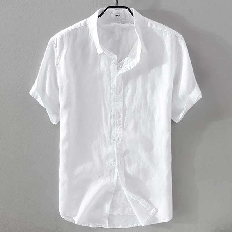 Men's loose fit short sleeve linen shirt in a cotton and linen blend, shown in apricot colour.
