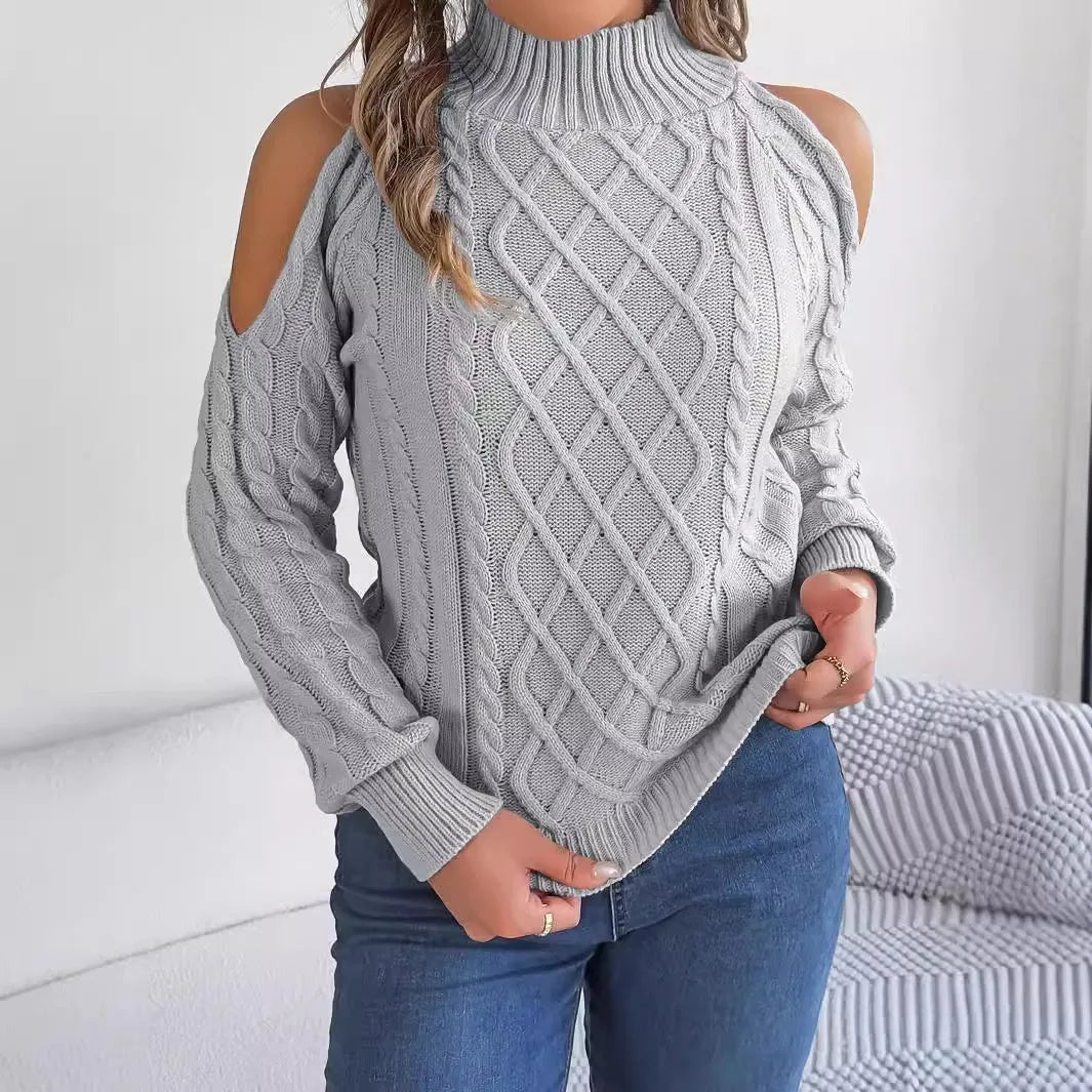 Grey strapless women's sweater with a twist pattern, half-high collar, and long lantern sleeves.