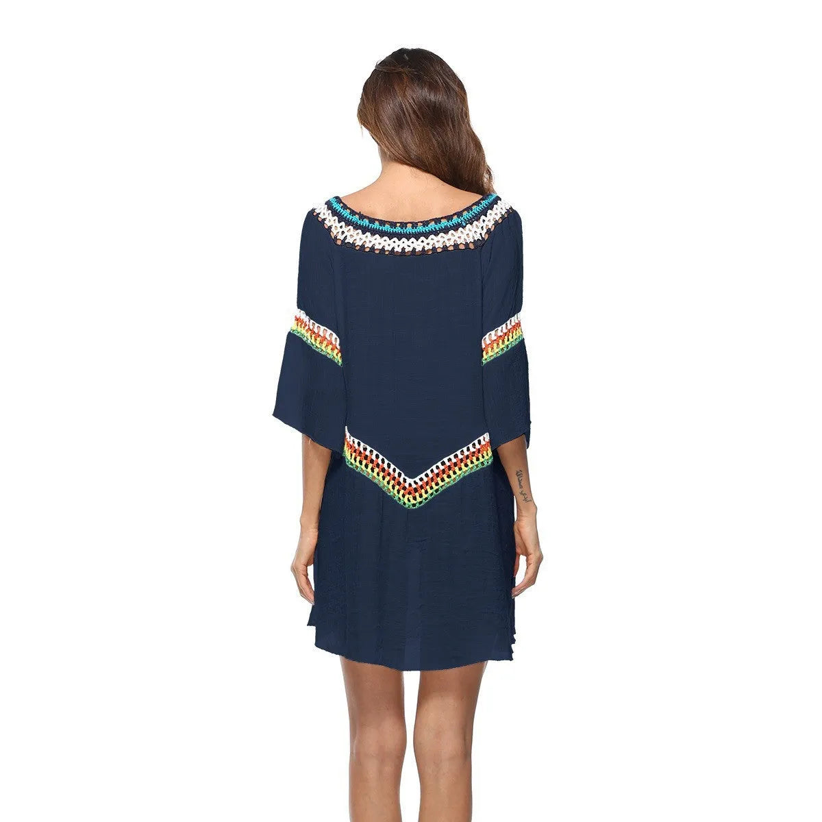 Crocheted white sun protection beach cover-up top for women, loose fit.