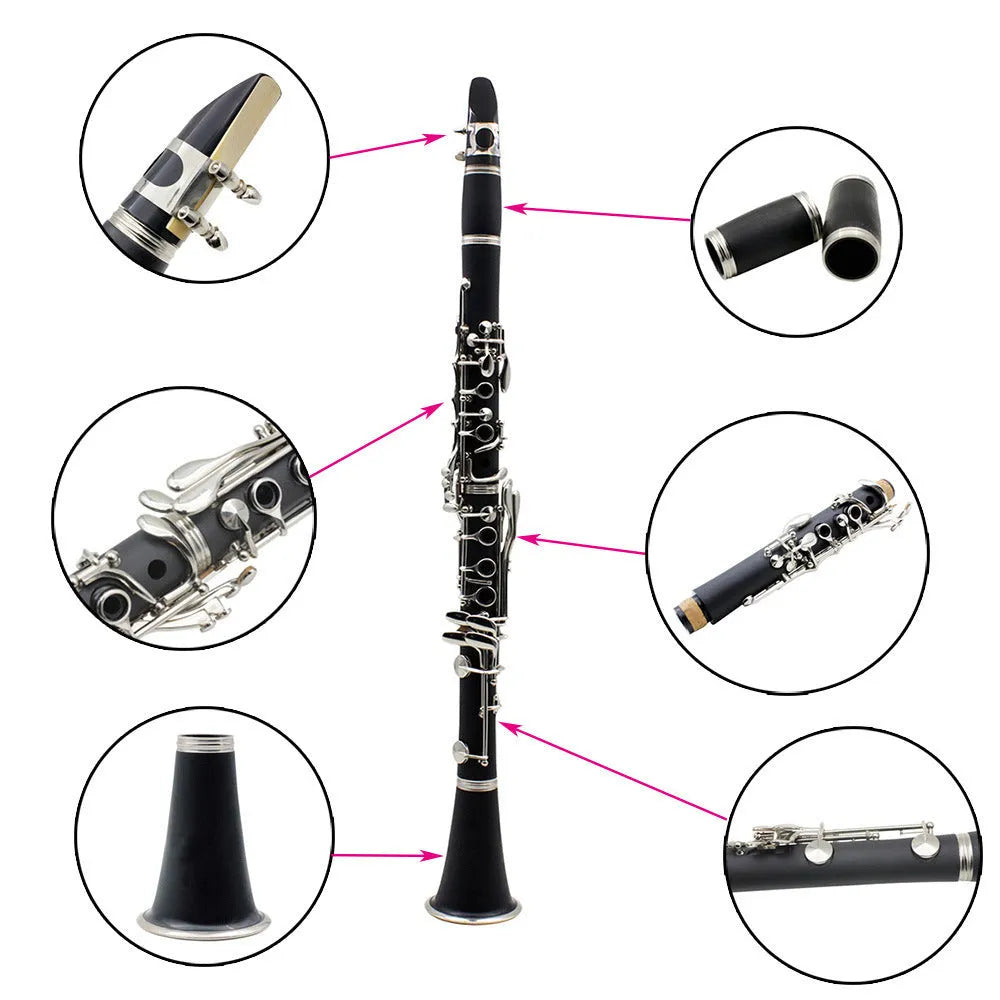 Black beginner clarinet with 17 nickel-plated keys and carrying bag