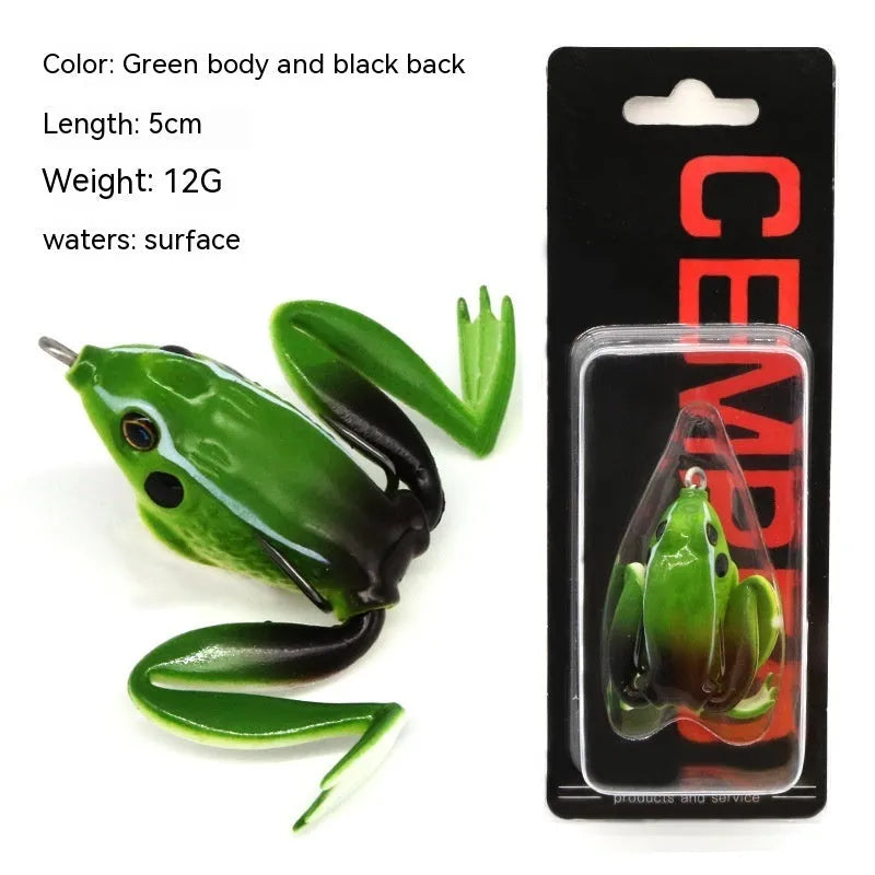 Bionic thunder frog fishing lure with realistic snake head design and double hooks in grass green colour