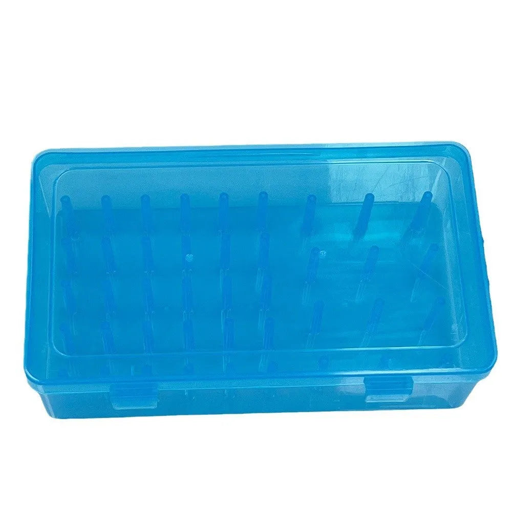 Plastic storage box with 42 compartments for organising embroidery needles and sewing supplies