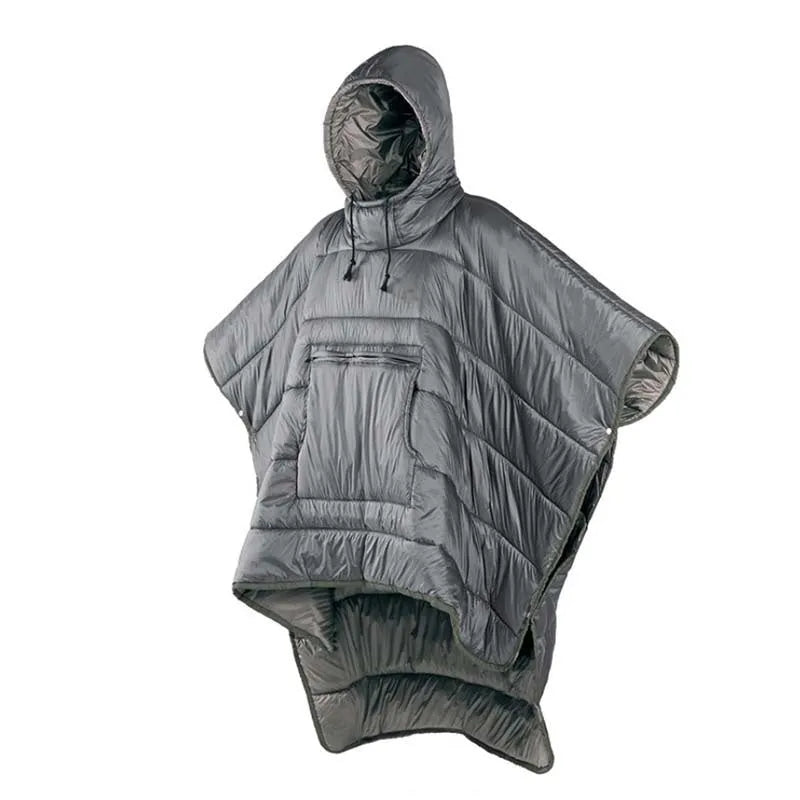 Army green outdoor cloak sleeping bag worn as a cape with 200x140cm dimensions