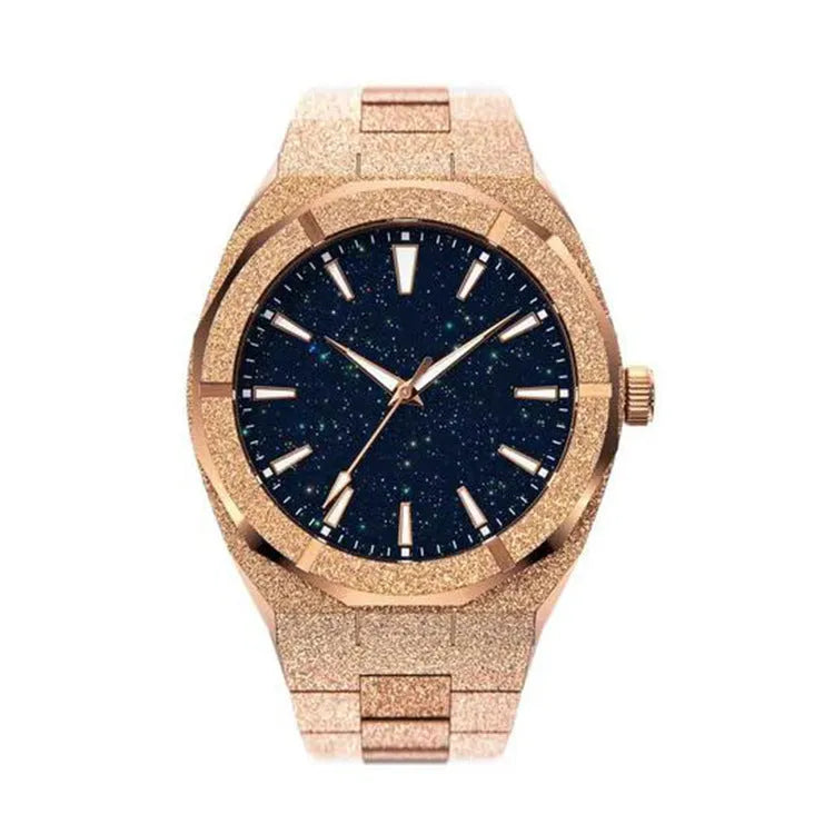 Men's stainless steel watch with a 42mm dial, butterfly buckle, shown in four colour options.