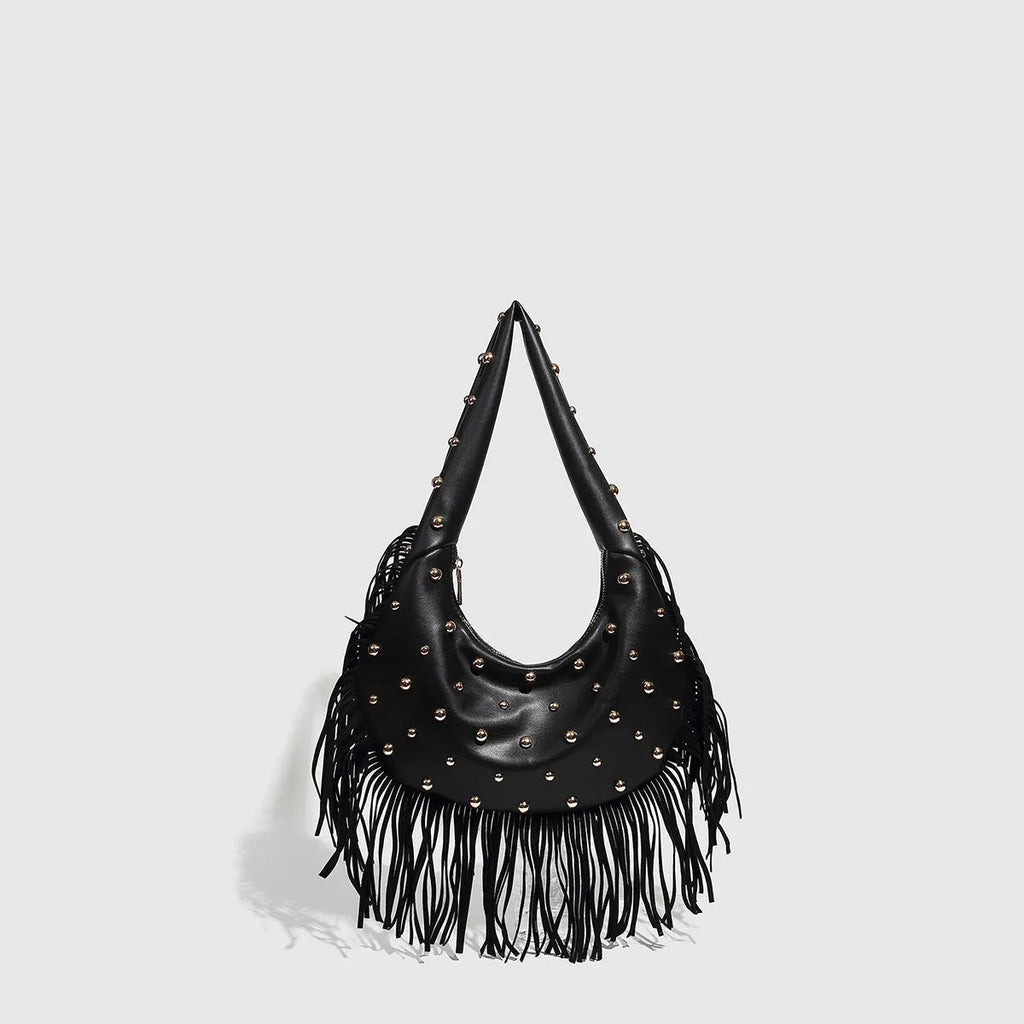 Retro black tassel shoulder handbag with mobile phone pocket showing decorative detailing