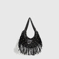 Retro black tassel shoulder handbag with mobile phone pocket showing decorative detailing