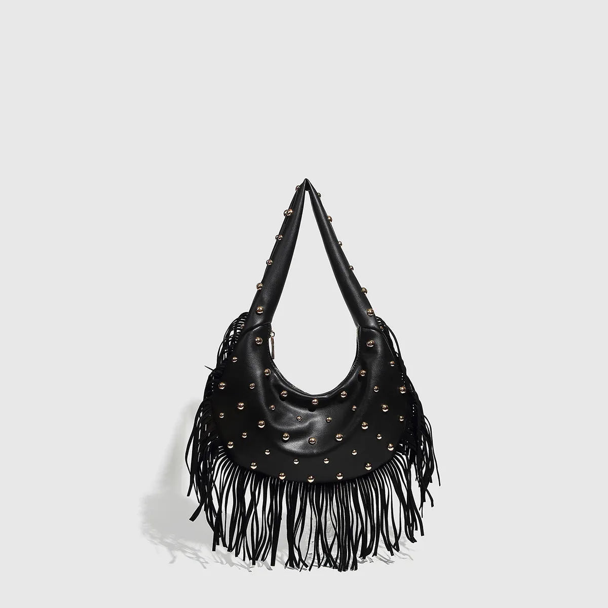 Retro black tassel shoulder handbag with mobile phone pocket showing decorative detailing