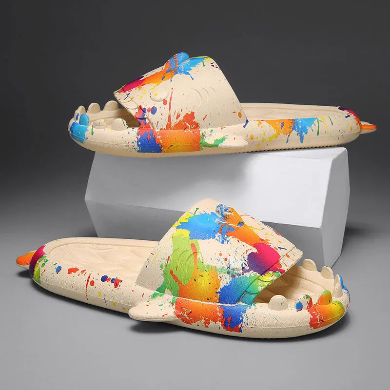Cute shark design open toe EVA slippers for couples in beige, black, grey, and white colours.