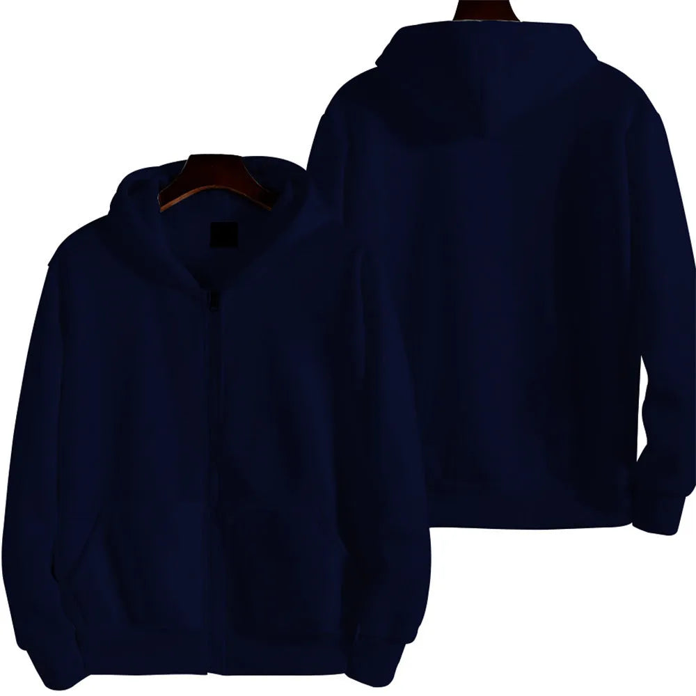 Men's solid colour loose fit zip-up sports jacket on a hanger