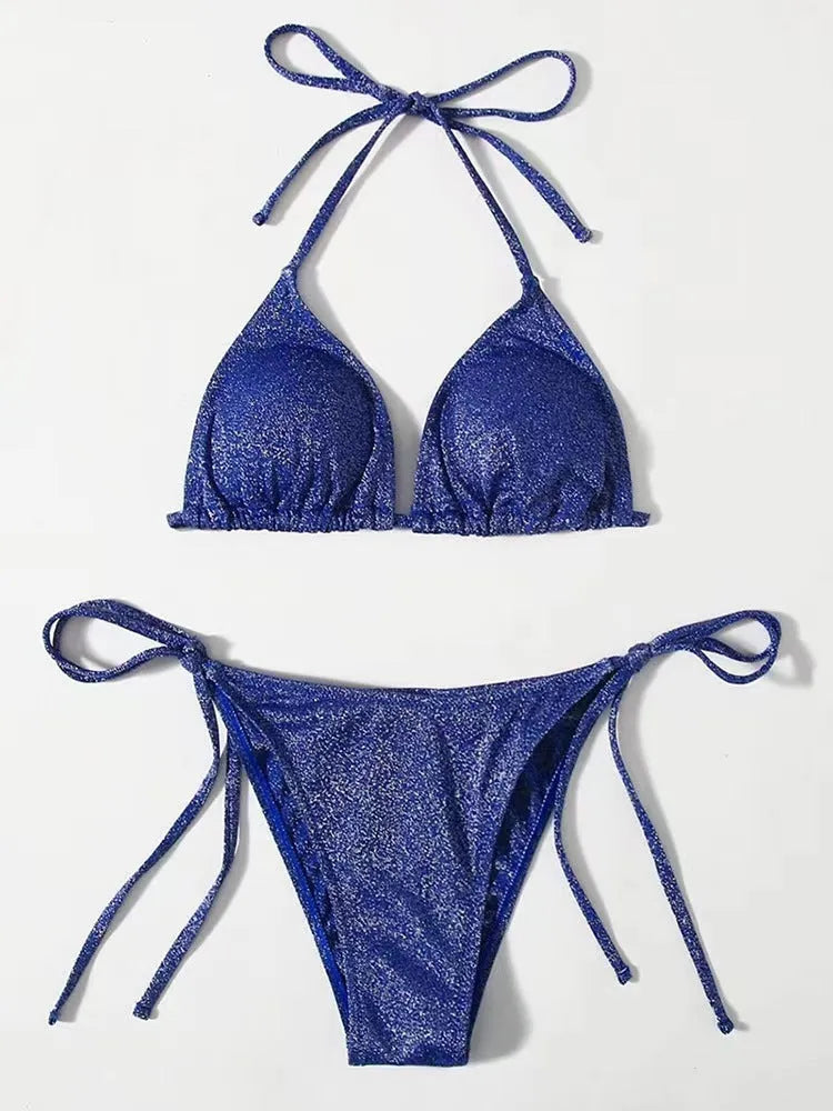 Women's bandage-style bikini swimsuit set in polyester fabric with separate top and pants