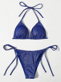 Women's bandage-style bikini swimsuit set in polyester fabric with separate top and pants