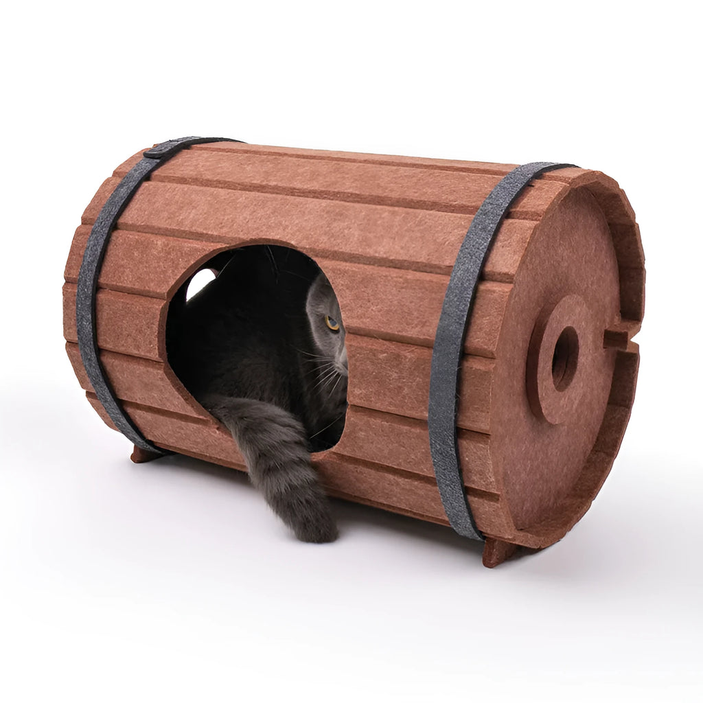 Assembled wine barrel shaped cat bed made from grey polyester fibre felt.