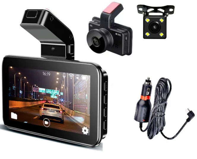 3-inch HD Car DVR unit with double lens for front and back recording, shown with camera and cables.