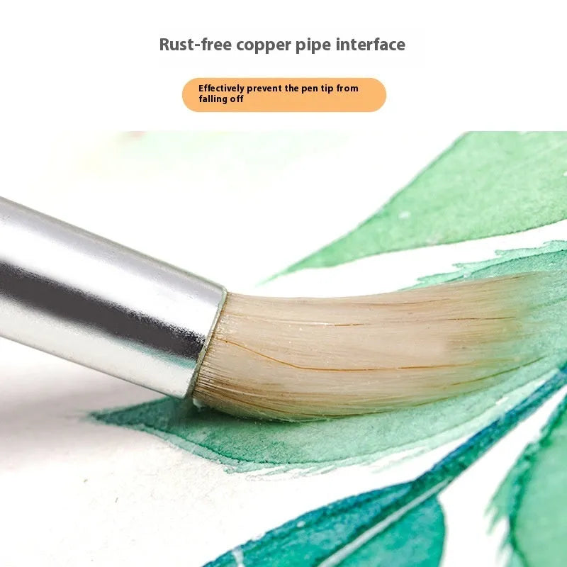 Six wooden pen brushes with pointed tips arranged together as an artistic brush set
