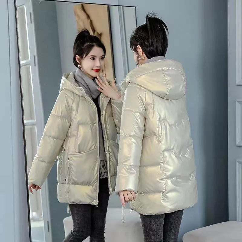 Loose fit women's winter hooded jacket in black, blue, champagne or green colour