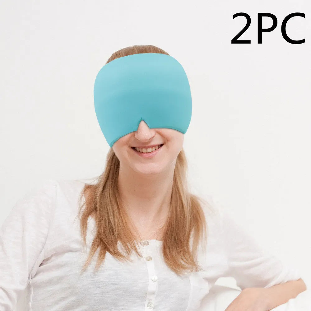 Cold therapy gel eye mask for headache relief in black colour on forehead