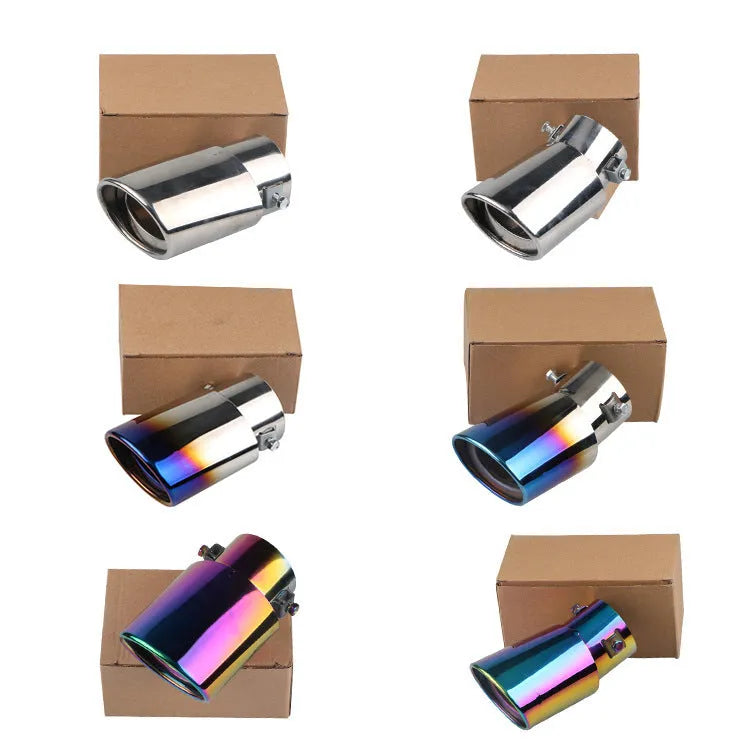 Stainless steel car exhaust tail pipe with choice of baked blue, bright silver, or colourful finishes in straight or curved shapes
