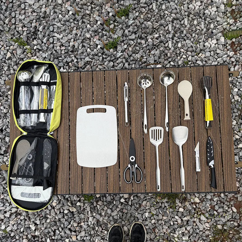 Khaki portable storage bag containing a 12-piece stainless steel picnic cutlery set.