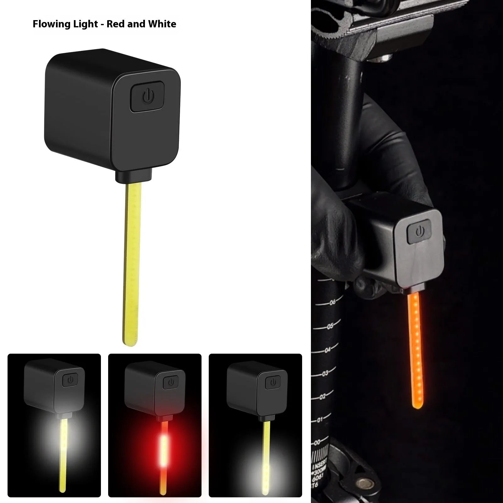 Plug-in bicycle safety taillight with running water LED flashing sequence mounted on a bike seat tube.