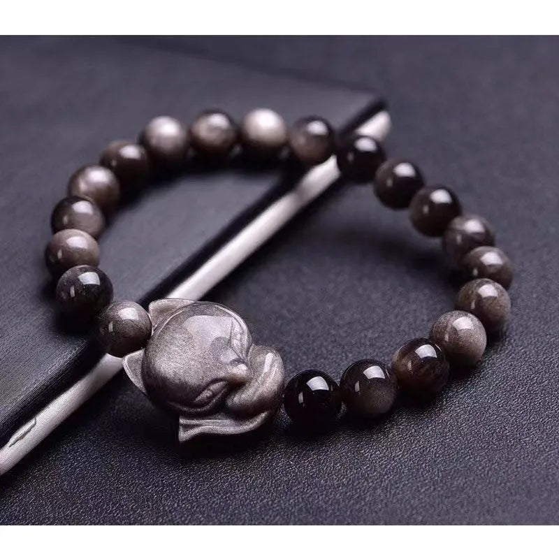 Obsidian fox single ring bracelet with 8mm polished black bead and silver fox charm