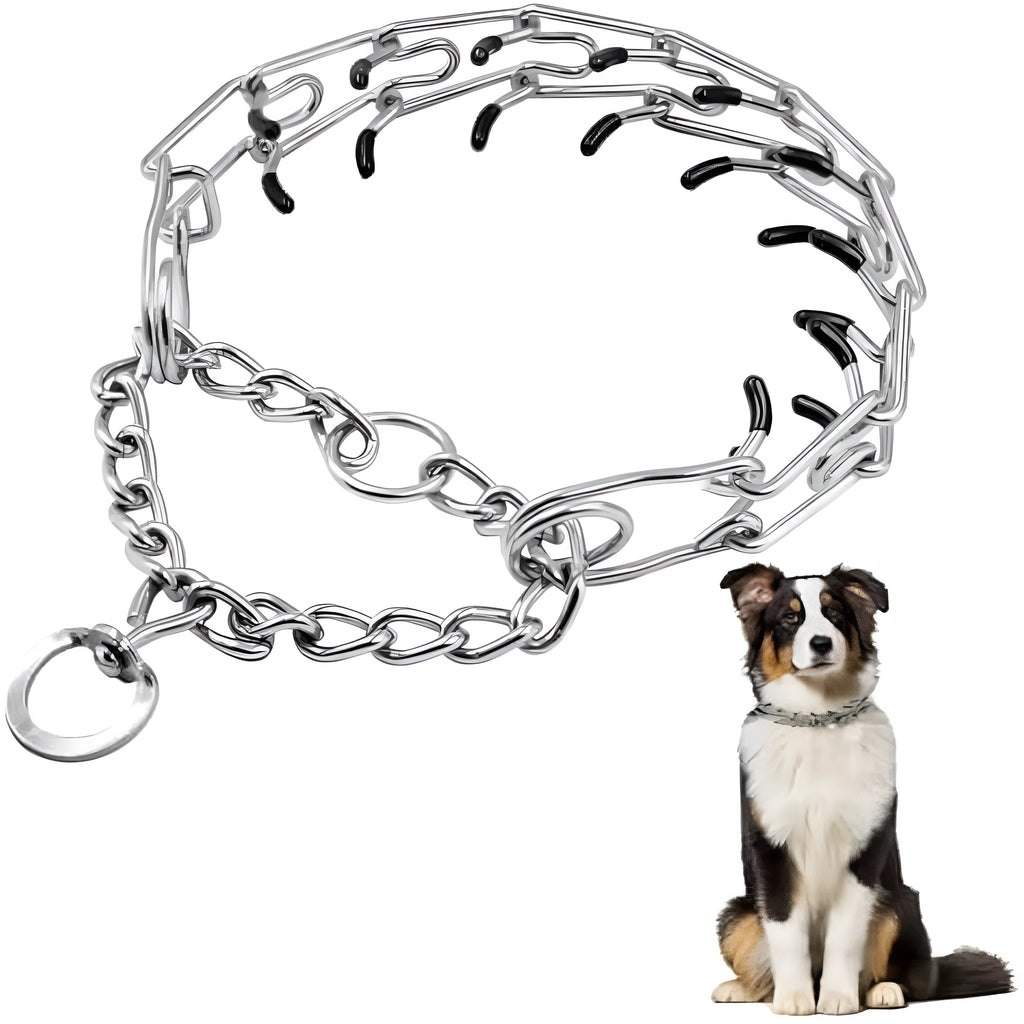 Stainless steel dog prong training collar with adjustable links and rubber comfort tips.