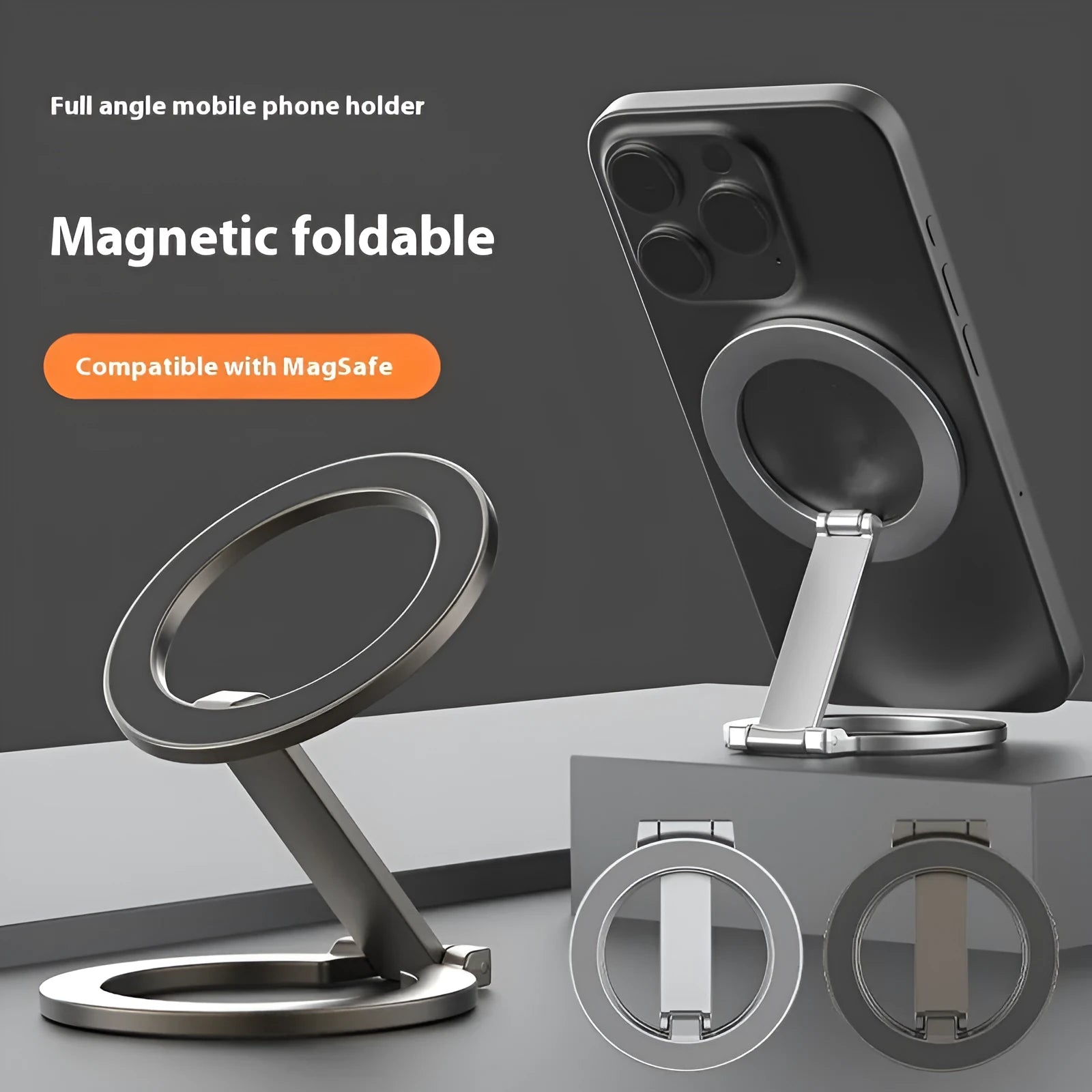 Black metal fastened ring desktop stand bracket holding a monitor