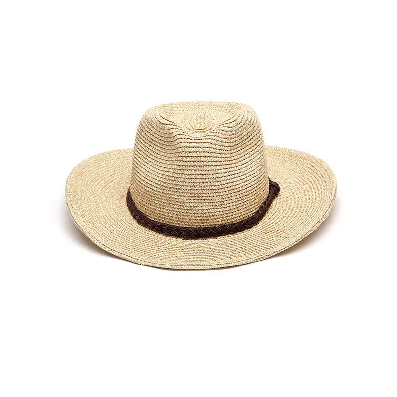 Men's foldable straw sun hat with wide brim in mixed beige colour on neutral background