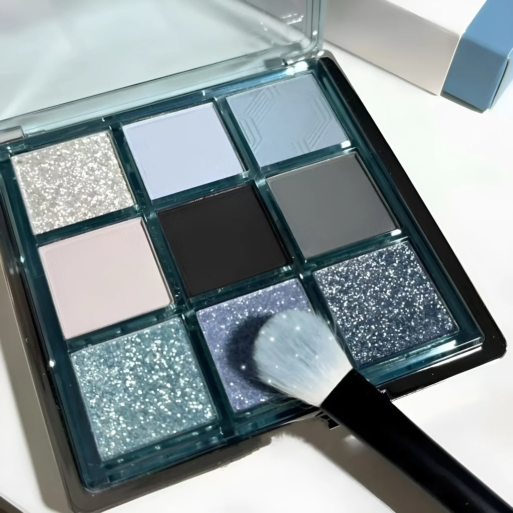 MUGELEEN nine-colour eye shadow palette showing low saturation blue smoked matte shimmer diamond debris finishes
