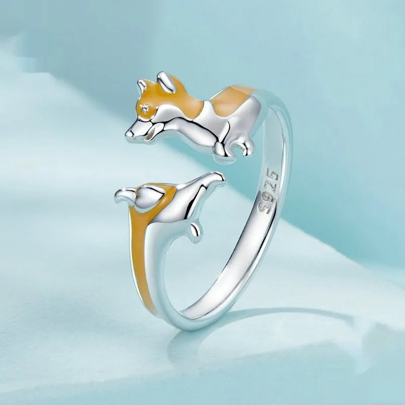 Silver-colour ring with a detailed cartoon corgi design for women.